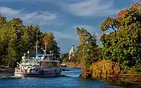 Saint Nicholas Skete on island Valaam on Ladoga lake  and little ship
