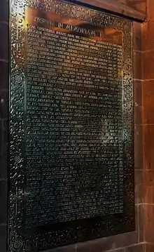St Mary's Church, Eccleston - The tablet in the new church which lists the Grosvenors buried in the demolished old church