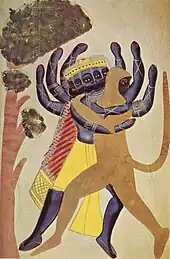 Hanuman fights Ravana, a scene from the epic Ramayana, c. 1880.