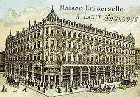 Toulouse 1877, rue Lafayette (L.) and 47 rue Alsace Lorraine (R.) - store La Maison Universelle, or Grand Bazar, by Antoine Labit [fr]