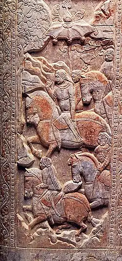 Turkic horsemen with long hair on the tomb of a Sogdian trader, the Miho funerary couch. Circa 570 CE. Northern Dynasties, China.