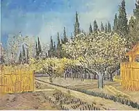 Orchard in Blossom, Bordered by Cypresses, April 1888Kröller-Müller Museum, (F513)