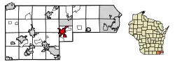 Location of Burlington in Racine and Walworth counties, Wisconsin