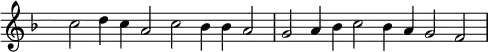 { \key f \major
\set Score.tempoHideNote = ##t
\tempo 2=72
\set Staff.midiInstrument = "english horn"
\override Score.TimeSignature #'transparent = ##t
\override Score.BarNumber #'transparent = ##t
\time 6/2
c''2 d''4 c'' a'2 c'' bes'4 bes' a'2
g'2 a'4 bes' c''2 bes'4 a' g'2 f'
}