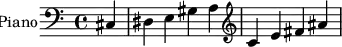 \relative c { \clef bass \set Staff.instrumentName = #"Piano" \partial 4*1 cis dis e gis a \clef treble c e fis ais }