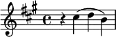 \relative c'' { \set Staff.midiInstrument = #"piano"
\key a \major
\time 4/4
r4 cis4( d b)
}