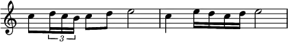 {
\override Score.TimeSignature #'stencil = ##f
\relative c'' {
c8 \tuplet 3/2 { d16 c b } c8 d e2
c4 e16 d c d e2
}
}