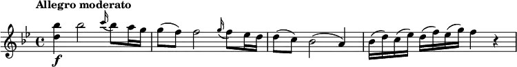 \relative c''' { \set Score.tempoHideNote = ##t \tempo "Allegro moderato" 4 = 132
\key bes \major
<bes d,>4\f bes2 \grace c16( bes8) a16 g | g8( f) f2 \grace g16( f8) es16 d | d8( c) bes2( a4) | bes16(d) c(es) d(f) es(g) f4 r
}