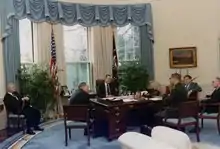 President Bush meeting with Dick Cheney, Colin Powell, Brent Scowcroft, John H. Sununu and Robert Gates at the C&O desk.